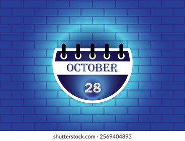 A digital illustration of a calendar page showing October 28th. The calendar is depicted against a blue brick wall background, illuminated by a soft glow, creating a visually appealing design.