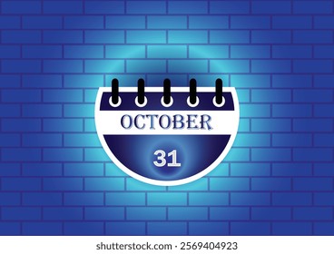 A digital illustration of a calendar page showing October 31st. The page is semi-circular and features a blue and white design, set against a textured blue brick wall.  Ideal for scheduling, reminders