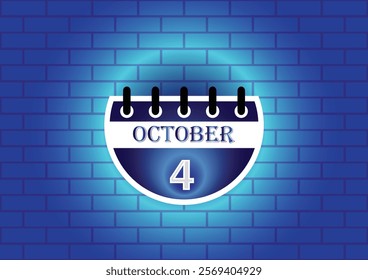 A digital illustration of a calendar page showing October 4th.  The page is blue and white, set against a backdrop of a blue brick wall.  Clean, modern aesthetic.