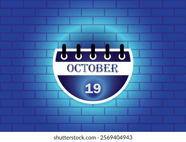 A digital illustration of a calendar page showing October 19th. The calendar is depicted against a textured blue brick wall, creating a visually appealing backdrop.