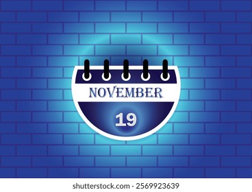 A digital illustration of a calendar page showing November 19th. The calendar is depicted against a textured blue brick wall, creating a visually appealing backdrop.