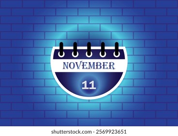 A digital illustration of a calendar page showing November 11th. The calendar is depicted against a background of blue bricks, creating a visually appealing contrast.