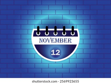 A digital illustration of a calendar page showing November 12th. The page is semi-circular and blue, set against a blue brick wall. The design is simple and modern.