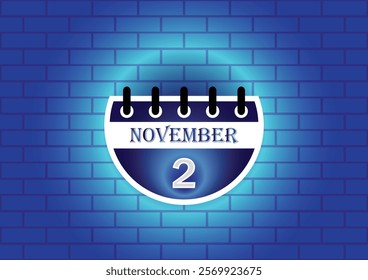 A digital illustration of a calendar page showing November 2nd.  The page is blue and white, set against a backdrop of a blue brick wall.  Clean, modern aesthetic.