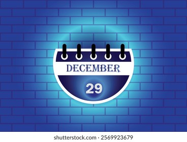 A digital illustration of a calendar page showing December 29th. The calendar is depicted against a blue brick wall background, illuminated by a soft glow, creating a visually appealing design.