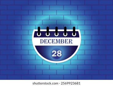 A digital illustration of a calendar page showing December 28th. The calendar is depicted against a blue brick wall background, illuminated by a soft glow, creating a visually appealing design.