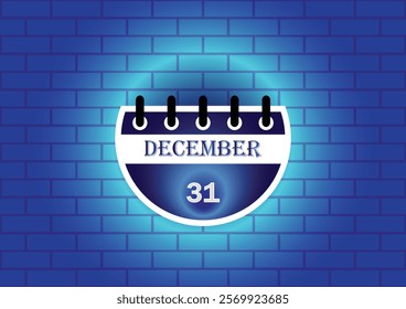 A digital illustration of a calendar page showing December 31st. The page is semi-circular and features a blue and white design, set against a textured blue brick wall.  Ideal for scheduling