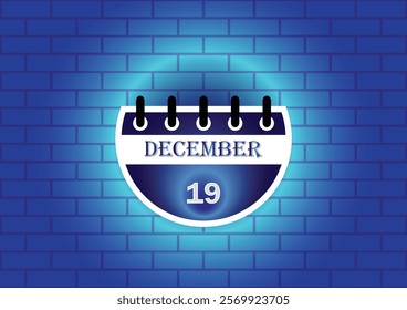 A digital illustration of a calendar page showing December 19th. The calendar is depicted against a textured blue brick wall, creating a visually appealing backdrop.