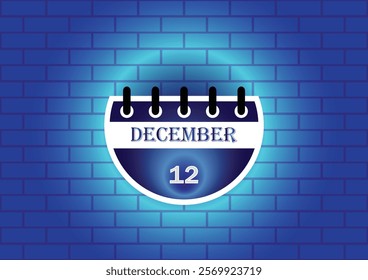 A digital illustration of a calendar page showing December 12th. The page is semi-circular and blue, set against a blue brick wall. The design is simple and modern.