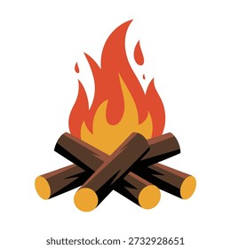 A digital illustration of a campfire with four logs and vibrant orange and yellow flames