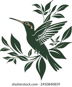 A digital illustration capturing a hummingbird mid-flight, its wings spread wide, hovering over a sprig of lush green leaves.
