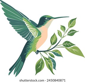 A digital illustration capturing a hummingbird mid-flight, its wings spread wide, hovering over a sprig of lush green leaves.
