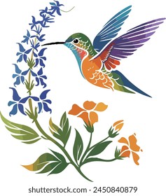 A digital illustration capturing a hummingbird mid-flight, its wings spread wide, hovering over a sprig of lush green leaves.
