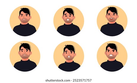 Digital illustration of a cartoon character's face showing six distinct emotions, each portrayed within individual circular frames, ideal for stock image websites.