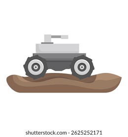 Digital illustration of a cartoon mars rover exploring the brown martian terrain