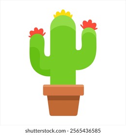 Digital illustration, cartoon style, depicting a cactus with smiling face, wearing yellow crown and red flowers on its arms, standing in brown pot shadow beneath it, against white background, simple c