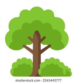 Digital illustration, cartoon style, playful, whimsical. A tree with green leaves and a brown trunk stands against white background. The has simple, stylized design few circles representing leaves.