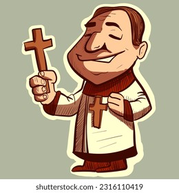 Digital illustration of a catholic priest holding a crucifix in his hand. Vector of an exorcist or pastor, cartoon character.