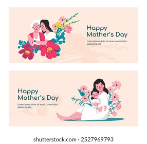 A digital illustration celebrating Mother's Day. The top section features a grandmother and a mother with flowers, conveying love and family. 
