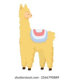 Digital illustration of a charming alpaca, adorned with a colorful saddle blanket