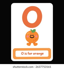 Digital illustration of a children's alphabet card, featuring the letter "O" in large orange letters at the top. Below the letter "O" is a cute, smiling orange carrot with a green leaf on top.