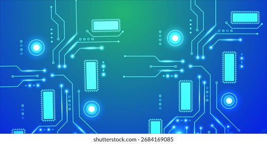 Ilustración digital de una placa de circuitos, con líneas azules brillantes, componentes rectangulares y Elementos de luz circulares. El diseño tiene un fondo degradado.