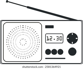 A digital illustration of a classic retro radio, evoking a sense of nostalgia. The radio features rotary knobs and an analog display with a frequency indicator. 