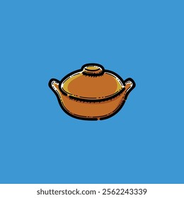 Digital illustration of a clay pot depicted in a cartoon style, set against a blue backdrop. Ideal for themes relating to cooking, kitchenware, and traditional culinary practices.