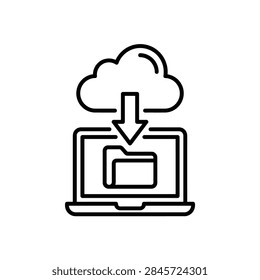 Digital illustration of a cloud computing download icon displayed on a laptop screen representing data transfer.