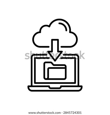 Digital illustration of a cloud computing download icon displayed on a laptop screen representing data transfer.
