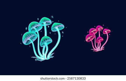 A digital illustration clusters of neon mushrooms; one teal and one pink, against a dark background.