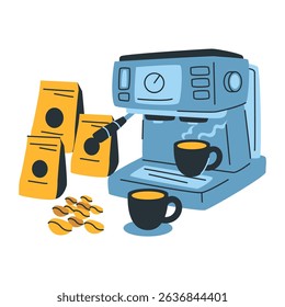 A digital illustration of a coffee machine with two cups, several bags of coffee beans, and loose coffee beans scattered nearby on a white background.