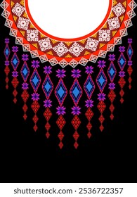 A digital illustration of a colorful embroidered neckline. The design features a mix of geometric shapes and floral motifs, creating a visually striking and modern interpretation of traditional tribal