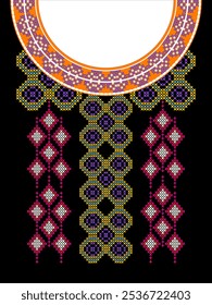 A digital illustration of a colorful embroidered neckline. The design features a mix of geometric shapes and floral motifs, creating a visually striking and modern interpretation of traditional tribal