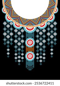 A digital illustration of a colorful embroidered neckline. The design features a mix of geometric shapes and floral motifs, creating a visually striking and modern interpretation of traditional tribal