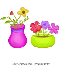 Digital Illustration of Colorful Flowers in Vases