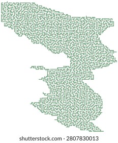 Digital illustration of complex maze shape. Engaging puzzle graphic for mental exercise and educational purposes. Minimalist lines against simple white background.