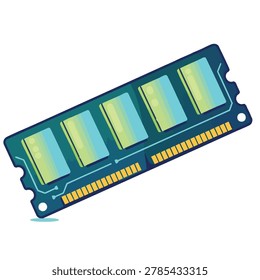 A digital illustration of a computer random access memory RAM stick module with electronic components isolated on a white background