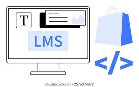 Digital illustration of a computer screen displaying LMS text, a text icon, an image icon, a shopping bag, and code brackets. Ideal for online education, e-commerce, digital content, web development