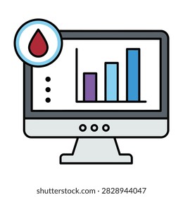 Digital illustration of a computer screen showing statistics with a blood drop icon. Represents medical research, laboratory results, and health data management concepts.