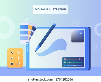 Digital illustration concept screen view apps illustrator tool with flat style.