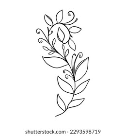 Digital illustration of a cute black outline doodle spring theme frame twig with leaves in scandinavian style. Print for clothes, poster, banner, postcard, web design, coloring.