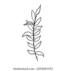 Digital illustration of a cute black outline doodle spring theme frame twig with leaves in scandinavian style. Print for clothes, poster, banner, postcard, web design, coloring.