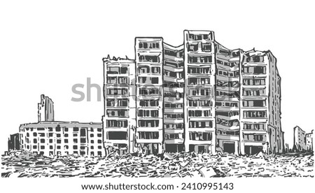 Digital illustration of damaged apartment block in black and white