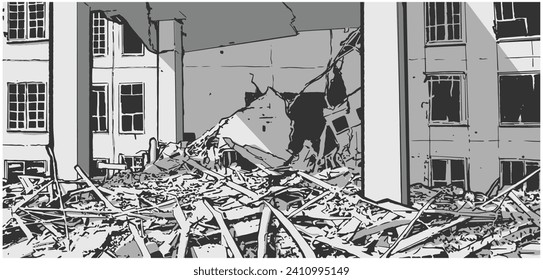 Digitale Illustration beschädigter Gebäude in Schwarz-Weiß
