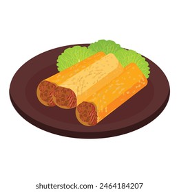 Digital illustration of delicious cannelloni stuffed with meat and accompanied by lettuce on a brown plate