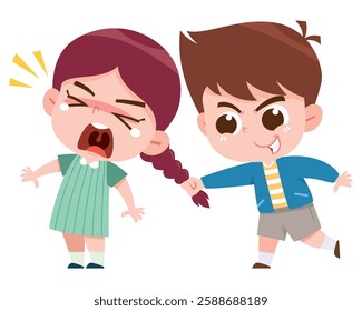 A digital illustration depicting a boy mischievously pulling a girl’s hair while she screams in pain and frustration. The boy appears playful yet aggressive, while the girl looks upset and hurt.