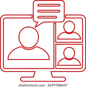 A digital illustration depicting a computer screen showing a video conference call with three participants and a speech bubble indicating communication.