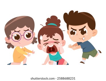 A digital illustration depicting a dramatic bullying scene between three children. One girl is crying on the ground, looking distressed, while another girl tries to comfort her.