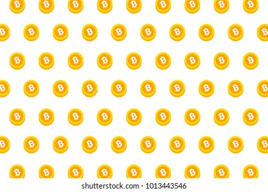 Digital illustration depicting multiple cartoon-style bitcoin symbols arranged as a seamless pattern. Represents cryptocurrency, financial innovation, and digital technologies